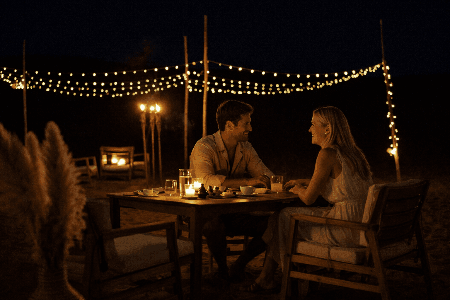 Couple enjoying romantic private dinner in the desert at Zerzura Mleiha