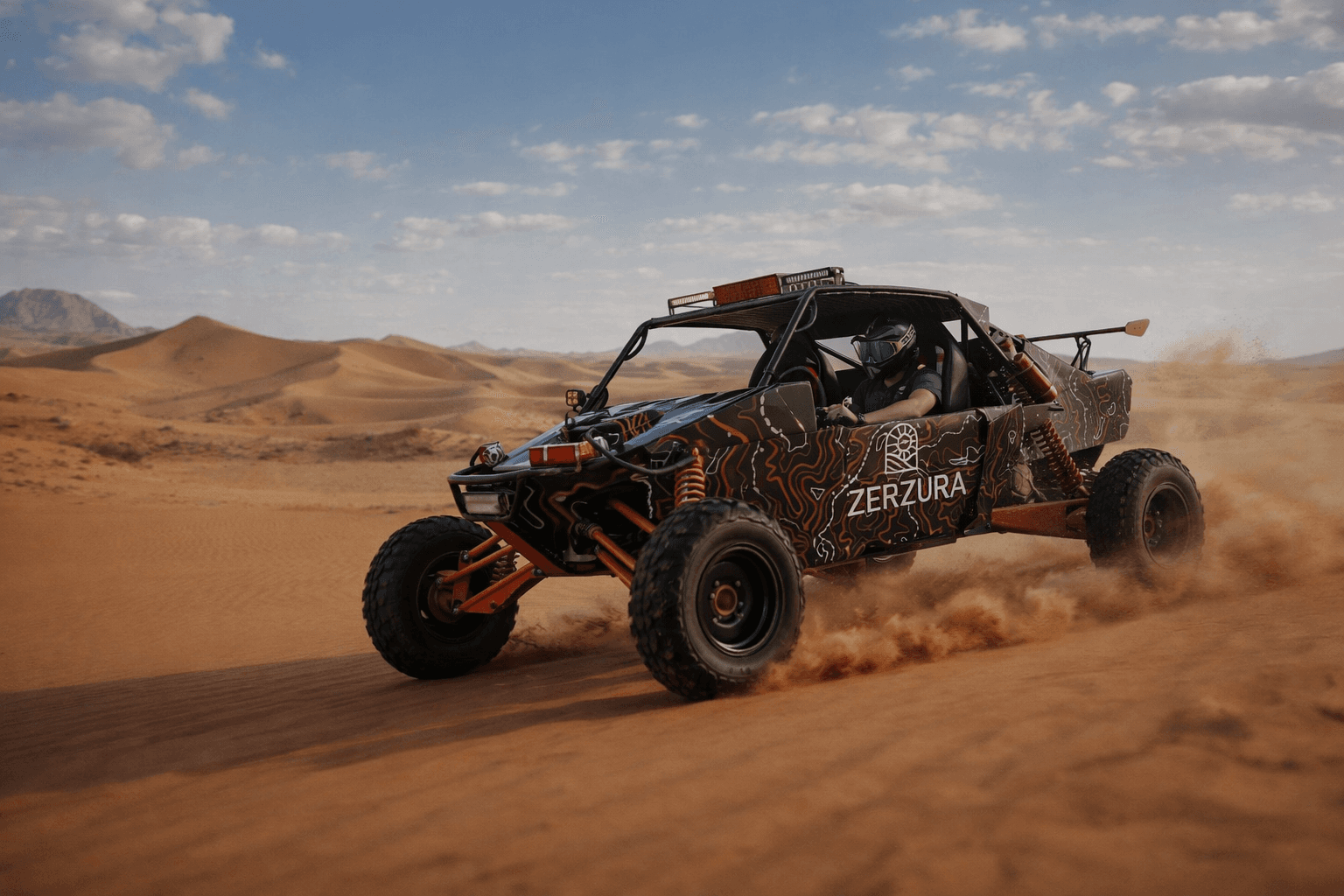 Zerzura dune buggy driving through desert sand dunes near Dubai
